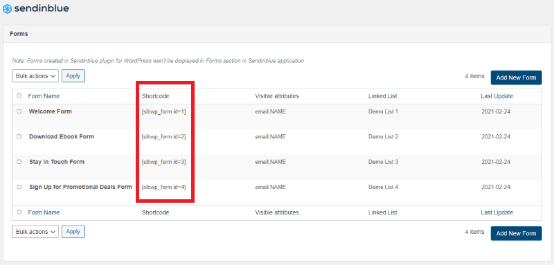 Liste des formulaires d'abonnement créés avec des shortcodes dans le plugin WordPress Sendinblue