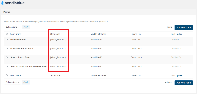 lista utworzonych formularzy subskrypcji ze skróconymi kodami we wtyczce Sendinblue WordPress