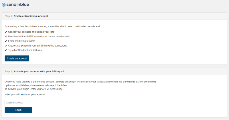  Página de configuración del complemento de suscripción de correo electrónico para WordPress de Sendinblue