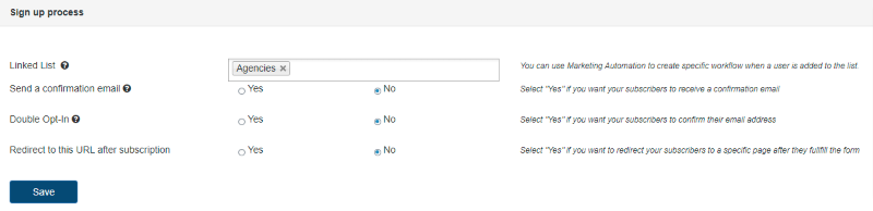 Options de processus d'inscription pour les formulaires d'abonnement dans le plugin Sendinblue