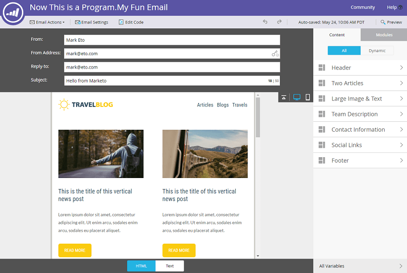 Screenshot of Marketo's email editor, an enterprise email marketing solution.