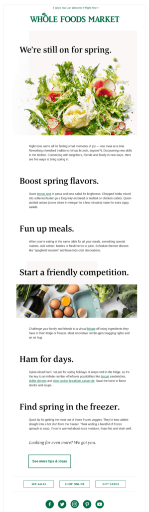 spring newsletter example from Whole Foods