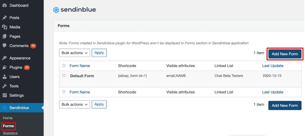 adicionar um novo formulário de assinatura de E-mail no plugin Sendinblue WordPress