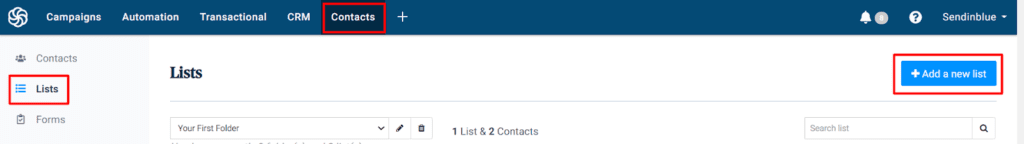 Création d'une nouvelle liste de contacts dans Sendinblue