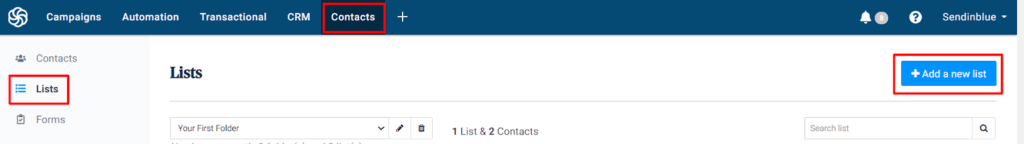 crearea unei noi liste de contacte în Sendinblue