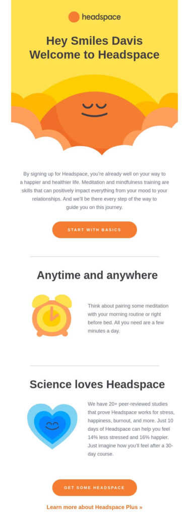 B2C onboarding email example for new sign ups to the Headspace app