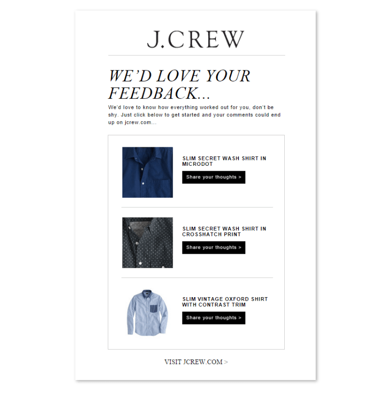 Example of using marketing automation to collect product reviews post purchases by B2C fashion brand J. Crew