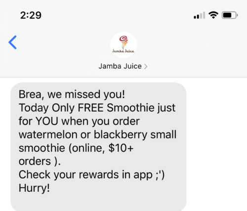 Automated SMS campaign by Jamba Juice targeting lapsed customers with a special offer