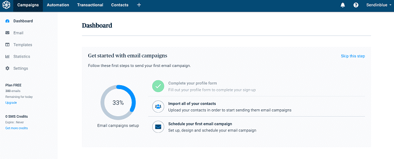 screenshot of Sendinblue dashboard