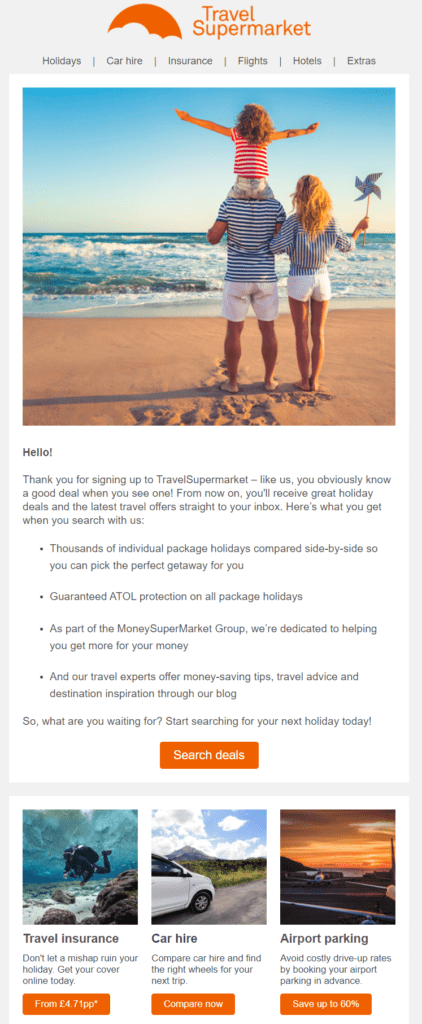 TravelSupermarket's "thank you for subscribing" email