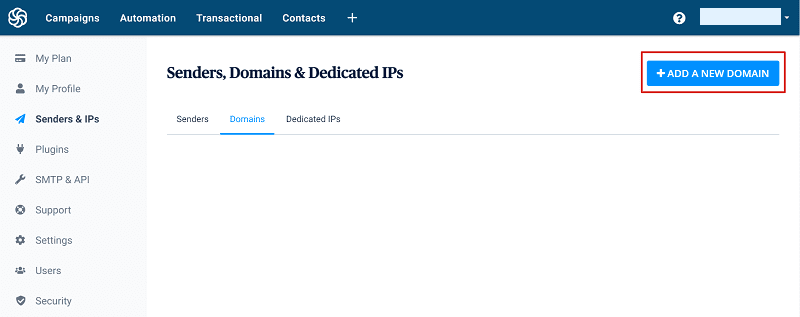 Add a new domain button on Sendinblue dashboard