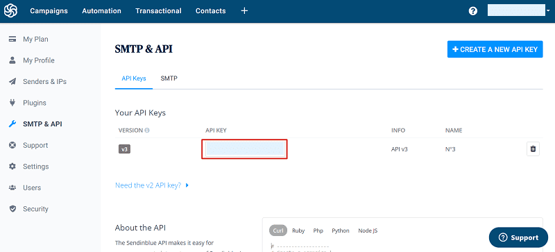 View of Sendinblue SMTP & API dashboard