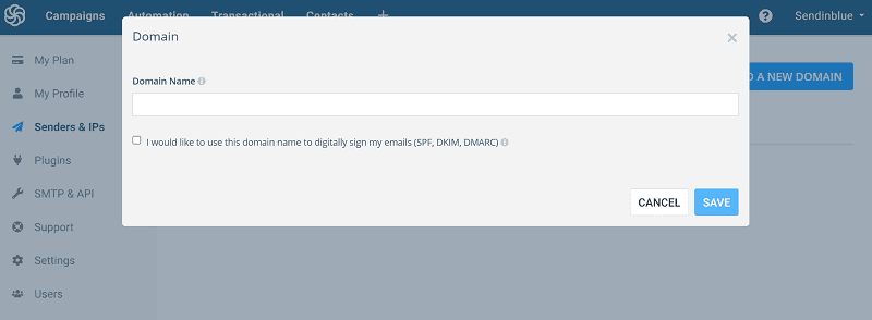 Domain name field on Sendinblue