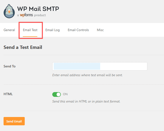 Email Test dashboard in WP Mail SMTP Plugin