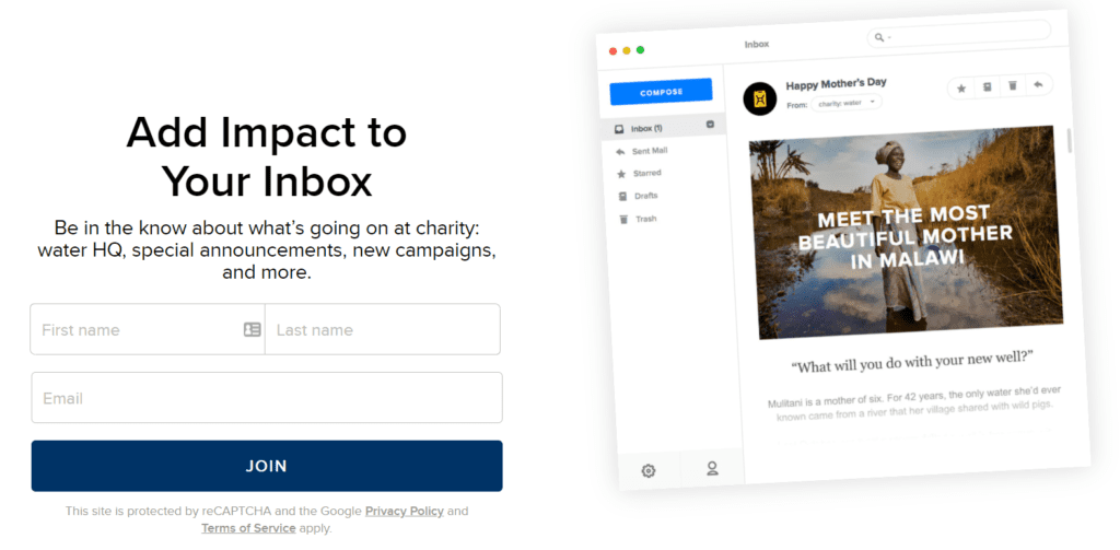 Landing page for nonprofit charity: water’s email signup form