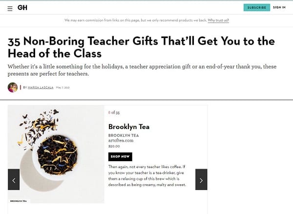 An example of Brooklyn Tea being included in a gift guide on Good Housekeeping.