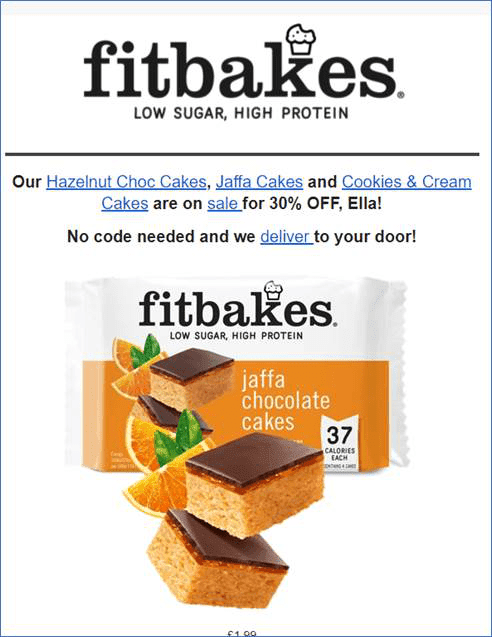 Example of personalized email newsletter from Fitbakes.