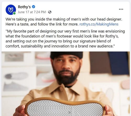 rothy、eコマース小売業者によるFacebookのポストの形で有機ソーシャルメディアマーケティングの例。