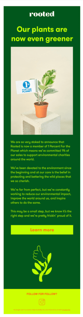 Email newsletter from Rooted showcasing their environmental efforts.