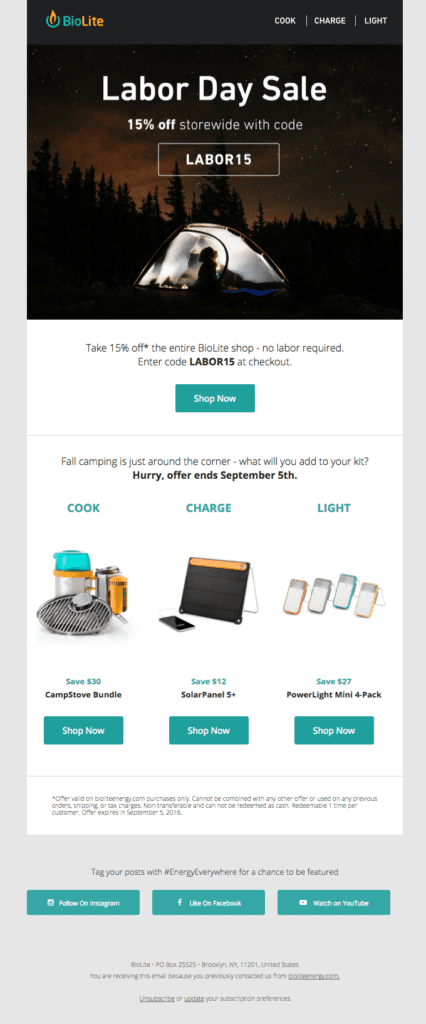 Labor Day sale email example by BioLite promoting relevant products