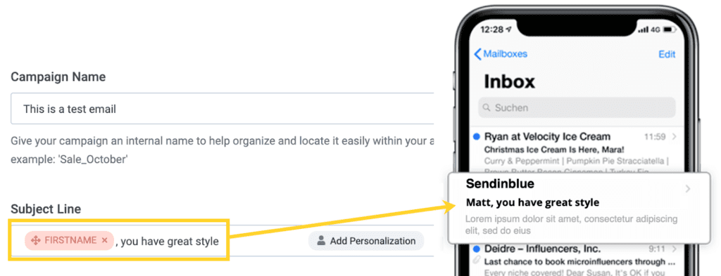 Email subject line with first name personalization using Brevo