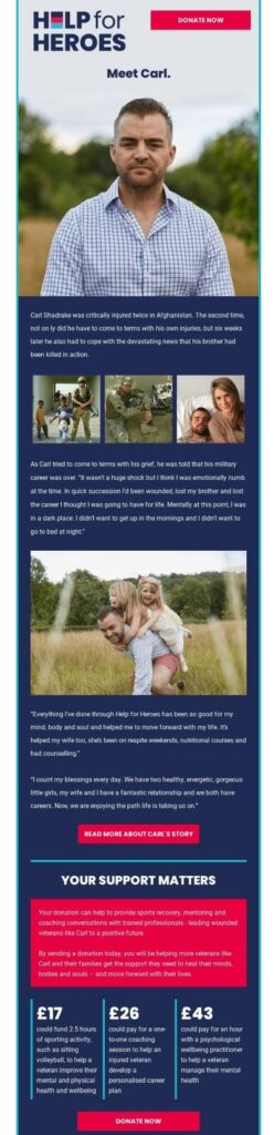 Example of storytelling in a fundraising email by Help for Heroes