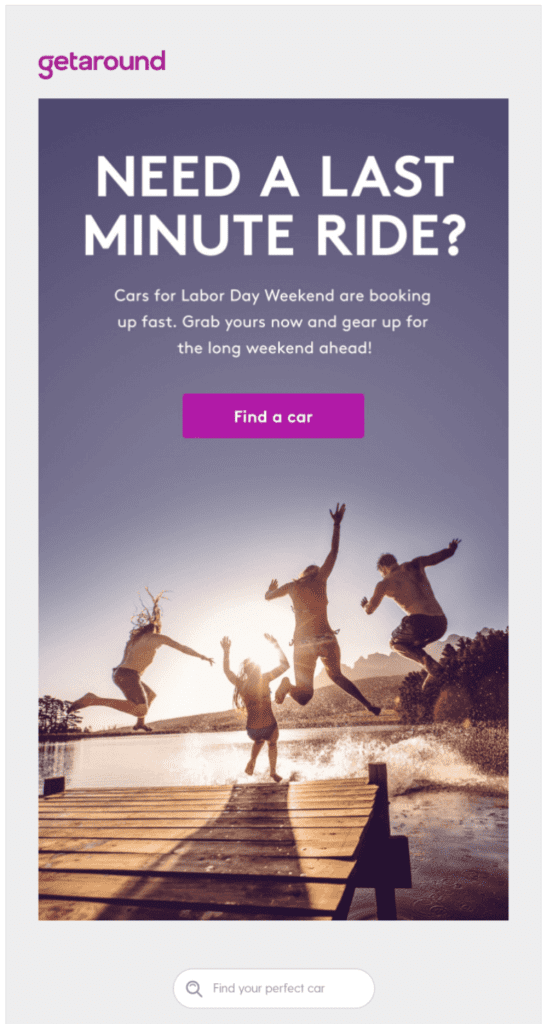 End-of-summer themed labor day email design example by getaround using nostalgic imagery