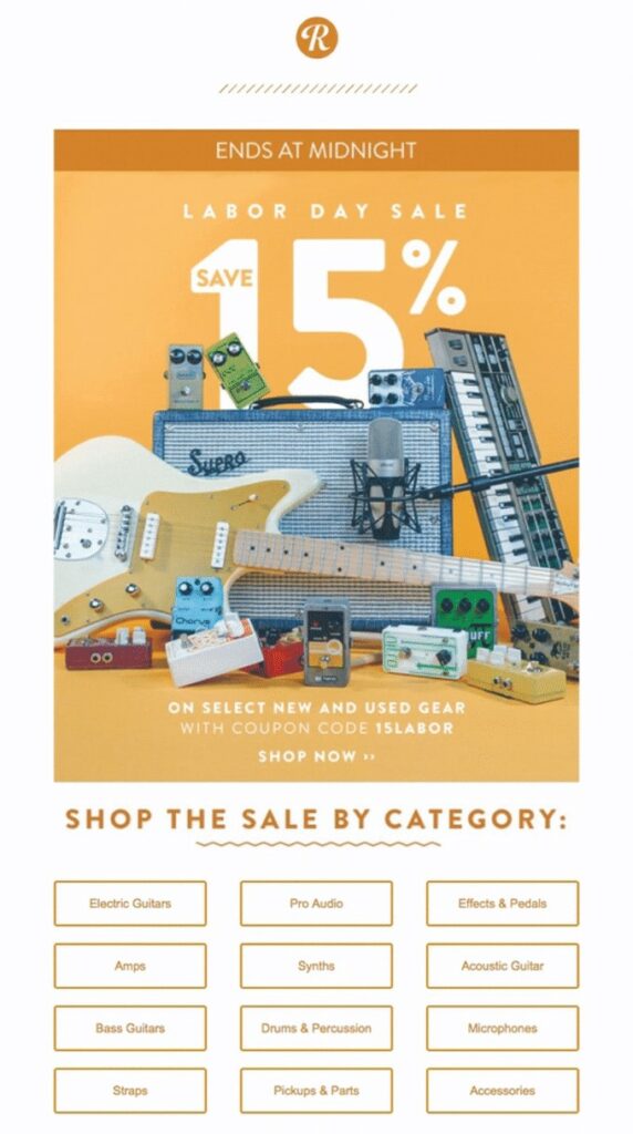 Labor Day email example by Reverb promoting a sitewide sale