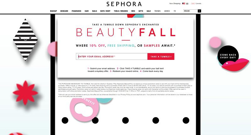 Sephora newsletter signup offering a discount, free shipping or samples on registration