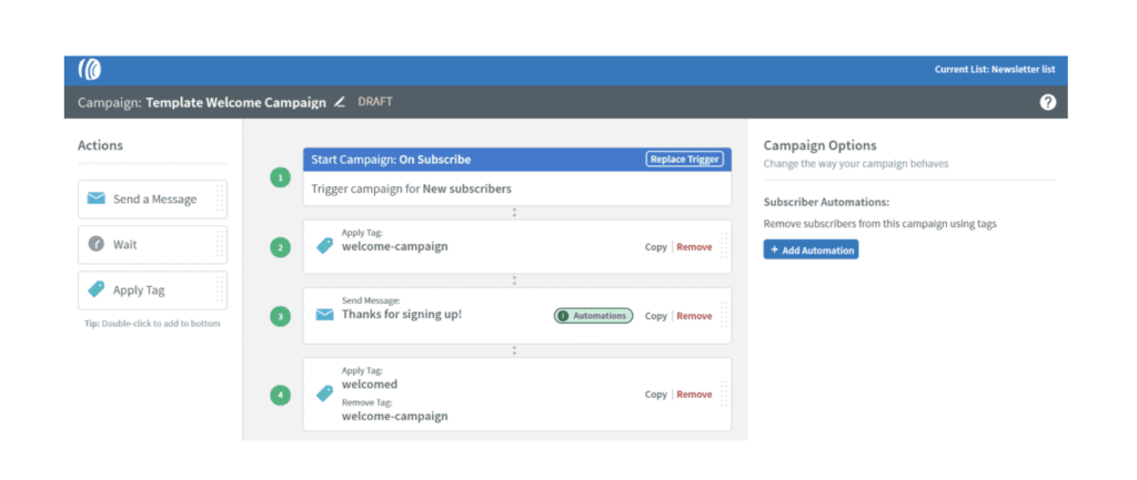 Aweber email campaign design page featuring automation options.