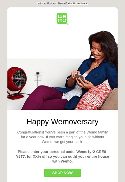 An example of an email triggered at the customer's anniversary from the first order