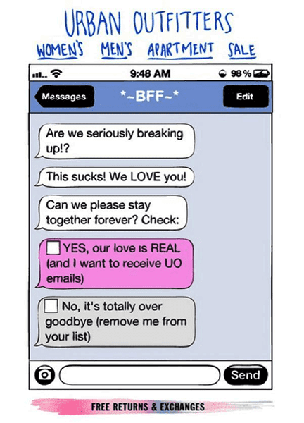 An example of a creative reactivation email in the form of text message chat