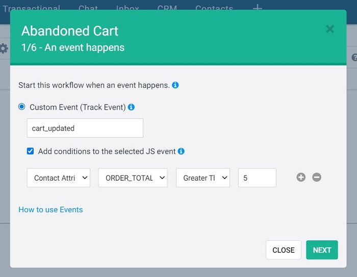 adding conditions to an abandoned cart event in Sendinblue when creating an automated workflow