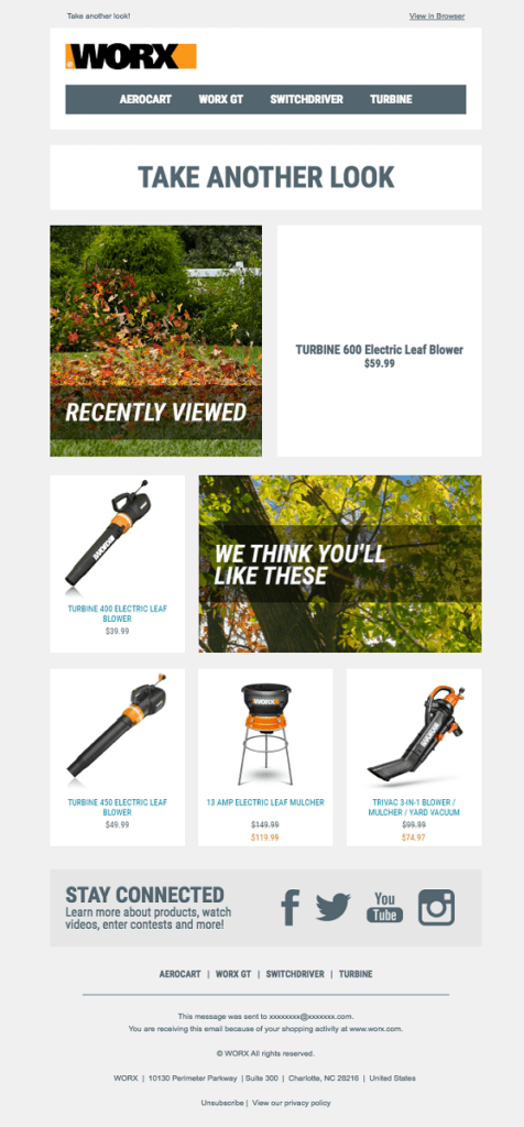 a cart abandonment email by worx with related products