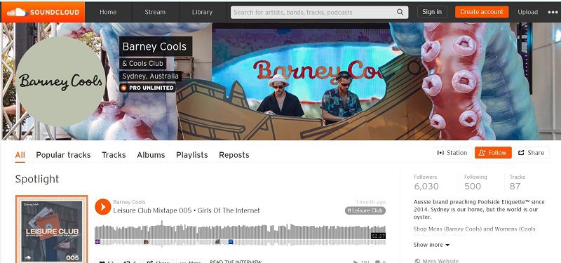 لقطة شاشة لحساب Soundcloud لـ Barney Cools. عرض كيف يمكن أن يكون تجار التجزئة في التجارة الإلكترونية جزءًا من نمط حياة جمهورهم.