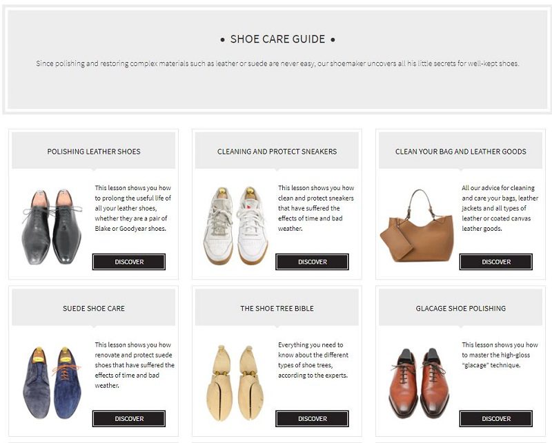 Shoe care guide from Monieur Chaussure exemplifying ecommerce content marketing.