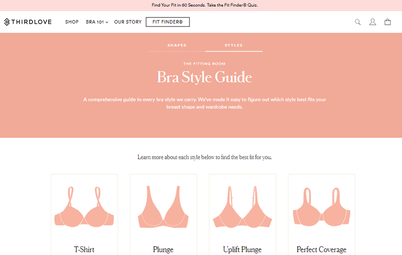 Thirdlove's bra style guide, example of an educational ecommerce content glossary. 