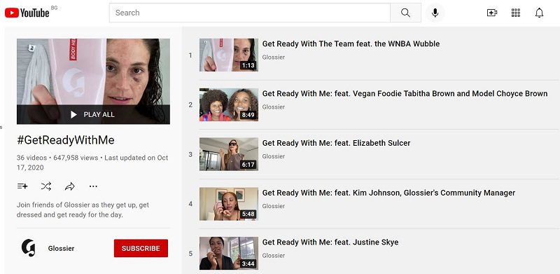 لقطة شاشة لصفحة Youtube تعرض تعاون Glossier's #GetReadyWithMe المؤثر كمثال على تسويق التجارة الإلكترونية.