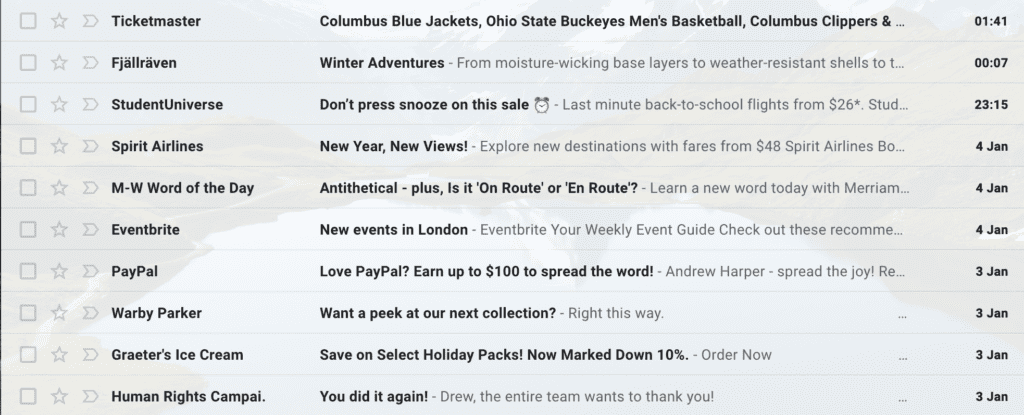Screenshot of an email inbox displaying various types of email subject lines.