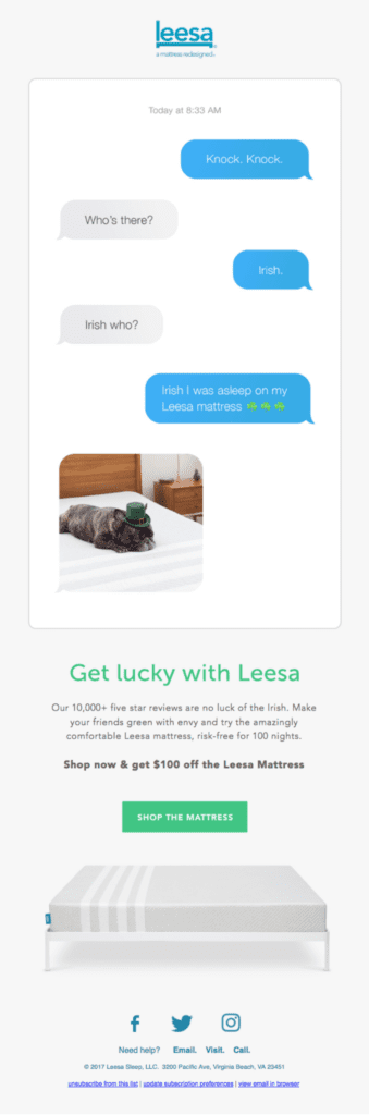 Screenshot of Leesa's St. Patrick's Day email.