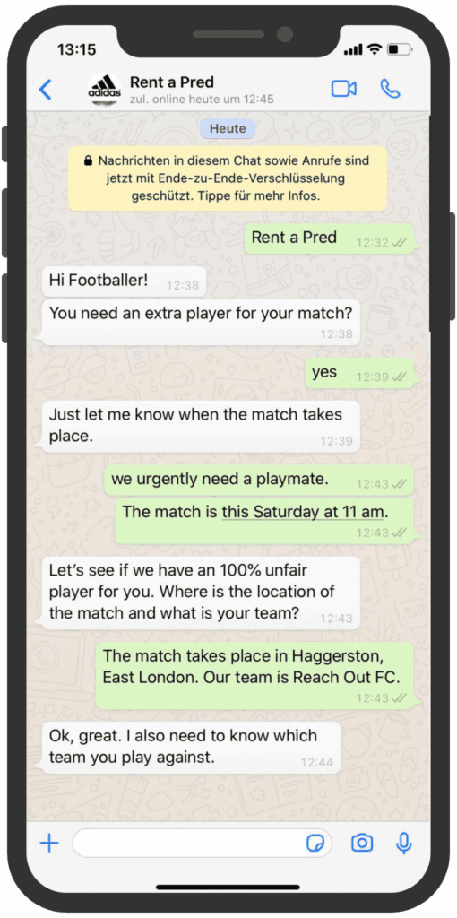 Screenshot of a WhatsApp marketing campaign by Adidas organizing for a substitute player to join the customer's soccer game.