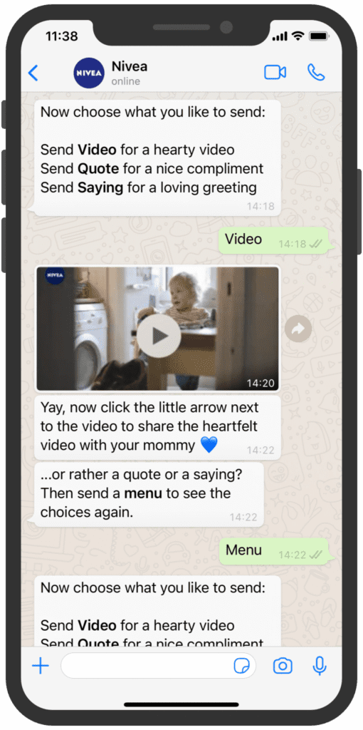 Screenshot of a WhatsApp marketing campaign by Nivea offering downloadable Mother's Day content for customers.