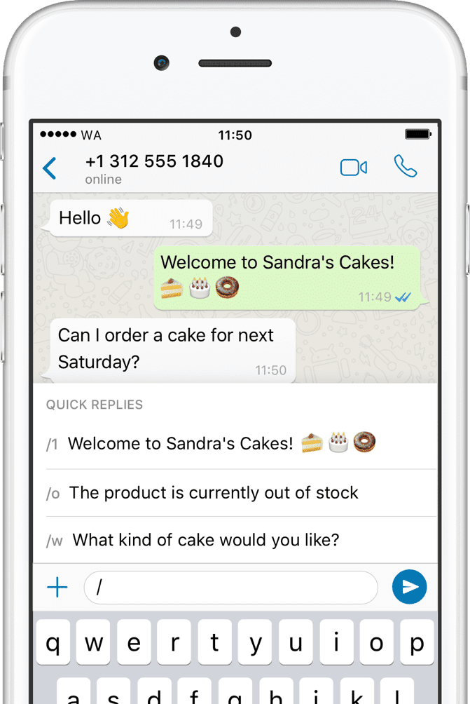 Screenshot from WhatsApp Business app showing quick reply WhatsApp marketing feature.