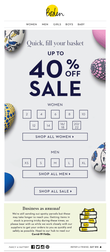 Fashion and apparel Easter Email Example by Boden.