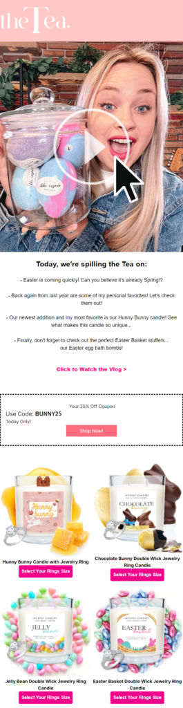 Jackpot Candles home fragrance ecommerce Easter Email Example.