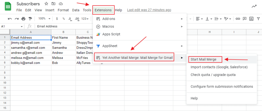 using the mail merge extension on the spreadsheet with email recipients