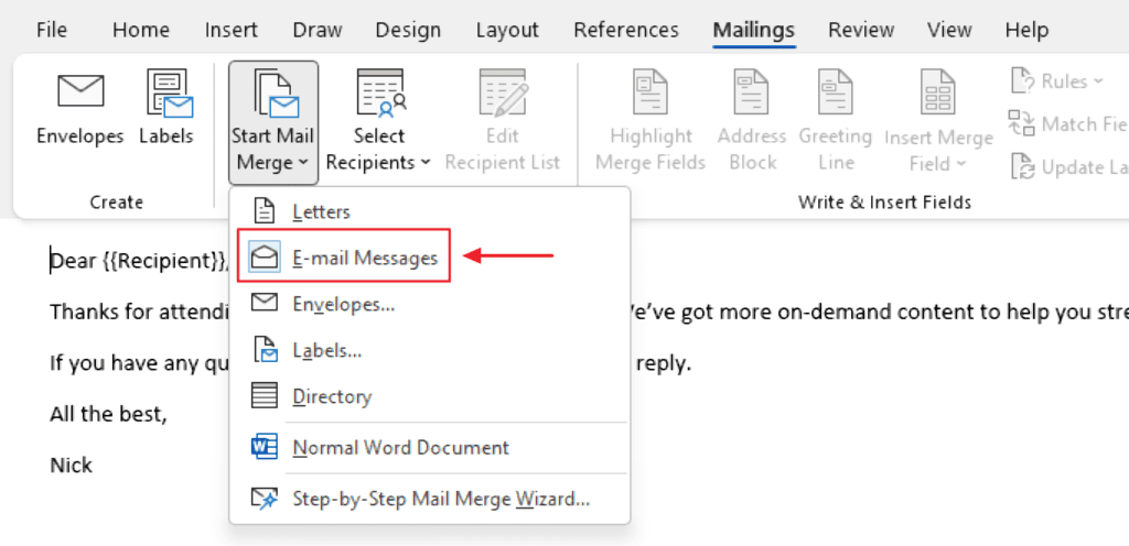 mail merge when sending a mass email in outlook