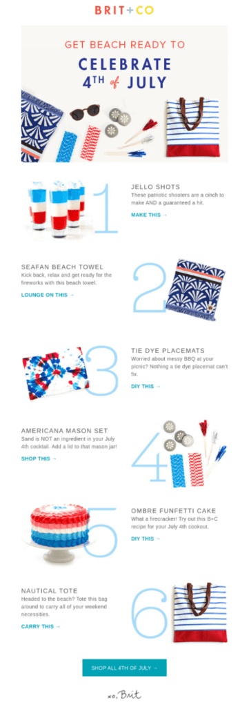 This is a 4th of July email example by Brit + Co. This email has  a picture of six fun items to bring at teh beach for 4th of July celebrations such as a tote bag, ice cream cake and placemats. 