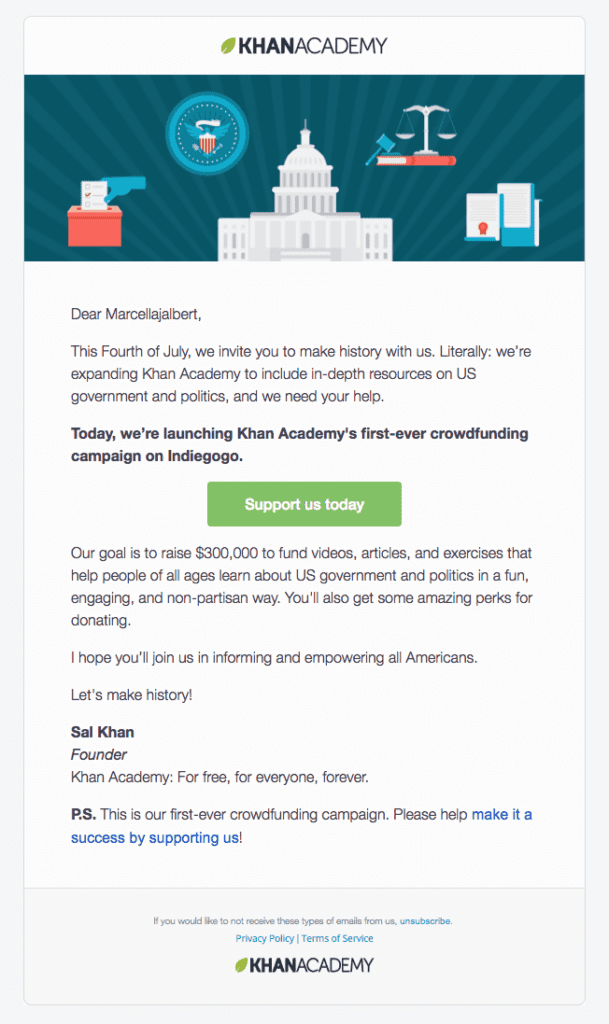 4th of July email example from Khan academy asking for subscribers to make a donation in the name of education. 