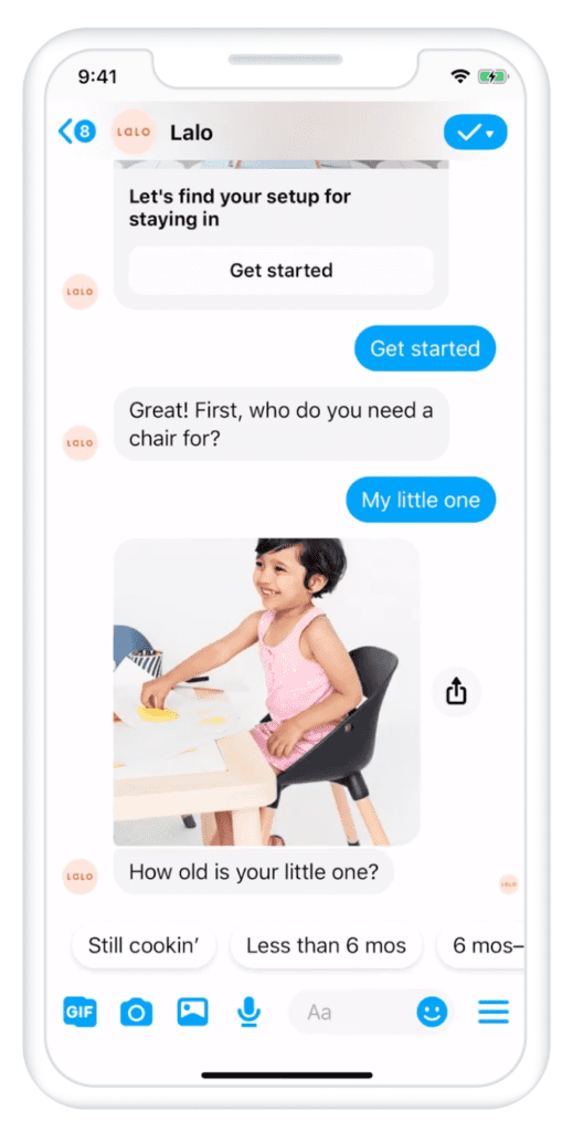 Facebook Messenger for Business example Lalo
